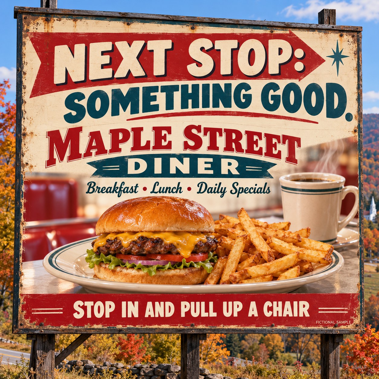 Fictional vintage billboard advertisement for local diners