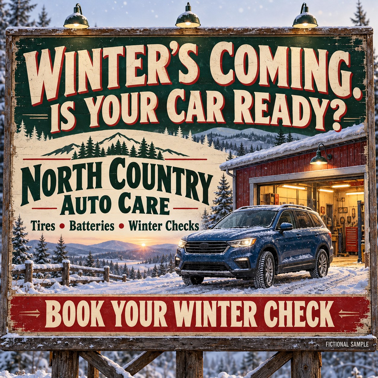 Fictional vintage billboard advertisement for winter preparation